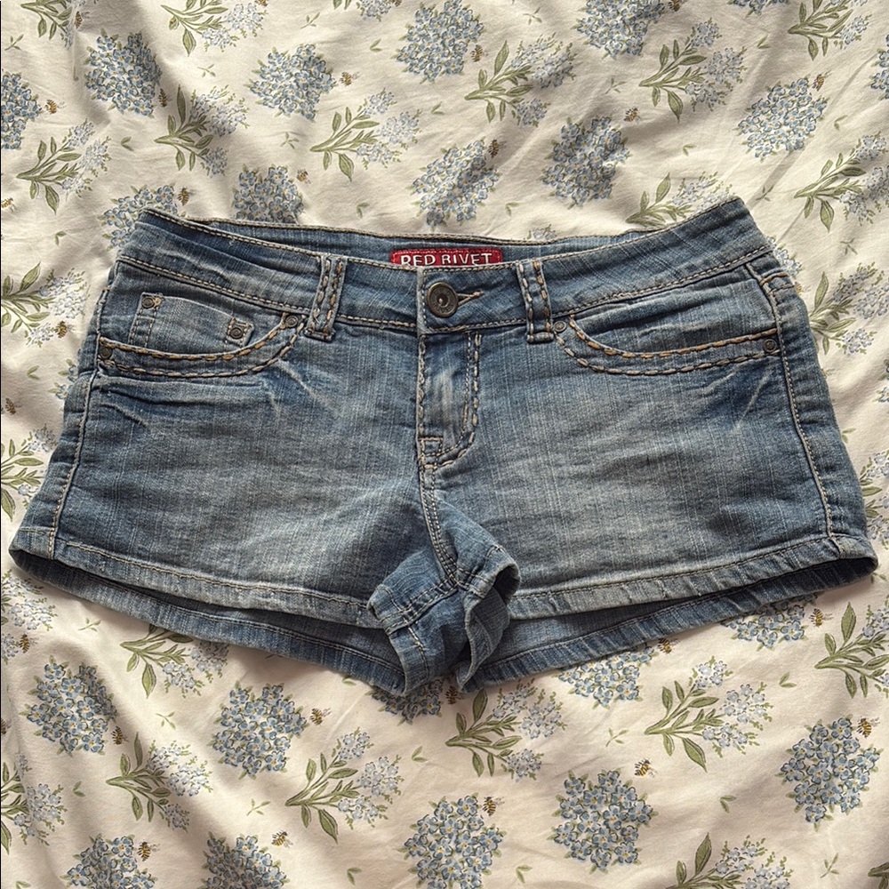 Red Rivet Blue Jean Shorts with Cuffed Hems